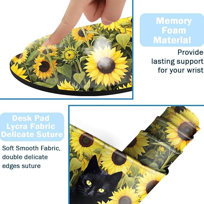 Ergonomic Mouse Pad Set with Wrist Support for Keyboard and Wrist Rest for Mouse, Memory Foam Comfort, Non-Slip Large Desk Mat for Home Office Pain Relief,Black Cat with Sunflowers