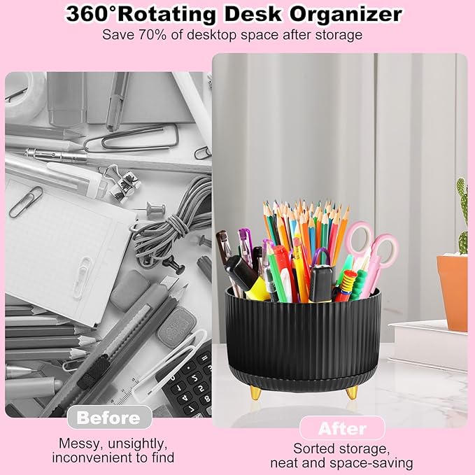 Gawsey Black Desk Organizers and Accessories Set with 360-Degree Rotating Pen Holder, Tape Dispenser, Stapler, Staple Remover, 1000 Staples, Tape, Clips Set, Ruler, Scissor, Pen