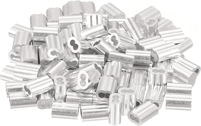 uxcell 100Pcs Aluminum Crimping Loop Sleeve for 1/8" Diameter Wire Rope, Double Ferrule Aluminum Wire Rope Sleeve for Cable Line End