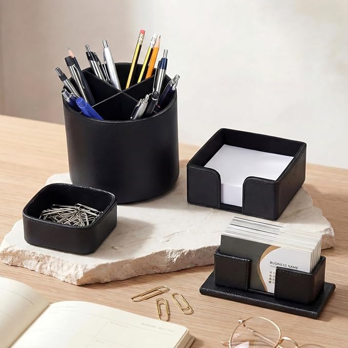 4 Pcs Rotating Leather Pen Holder Organizer Office Desk Accessories Set with Business Card Sticky Note Holder Paperclip Storage Desktop Storage Supply for Teacher Back to School Gift (Black)