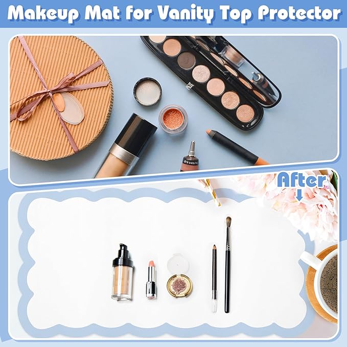 Teenyyou Makeup Mat for Vanity Protect Scalloped Makeup Mat 31.5 x 15.8'' Vanity Cover Top 2026 Graduation Gifts Dual-Sided Dressing Table Pad Waterproof Mouse Pads for Dormitory Desktop(Blue Edge)