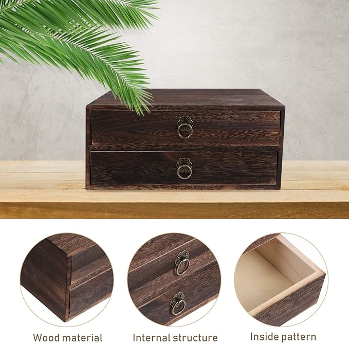 Cabilock Wooden Desktop Drawer Organizer Retro Storage Box with Pull Ring Vintage Style for Office and Home Desk Accessories 10.03X9.64X4.33 Inches