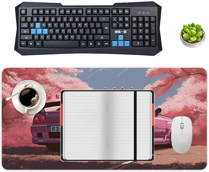 Anime Car Large Mouse Pad Japanese Cherry Blossom JDM Mousepad Gaming Pink Desk Mat R34 Keyboard Computer Pad Office Desk Organizers and Accessories 23.6 x 11.8 Inch