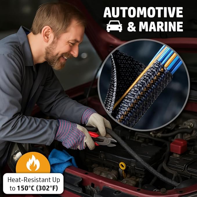 MGI SpeedWare Braided Split-Sleeve Wire Loom for High-Temperature Automotive Harness and Home Cable Management 25 feet (1/2")