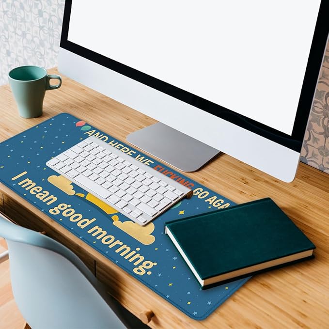 Funny Morning Desk Pad Mouse Pad Cartoon Cute Sun Cloud Stars Extended Gaming Mouse Pad Mat with Stitched Edge Non-Slip Base Big Mousepad 31.5"x11.8"