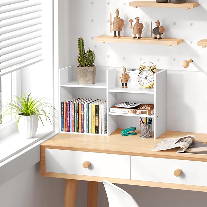 Desktop Shelf Organizer Desk Shelves - White Desk Hutch for Dorm Room Essentials & Home Office - Small Tabletop Bookshelf for Storage & Decor Display