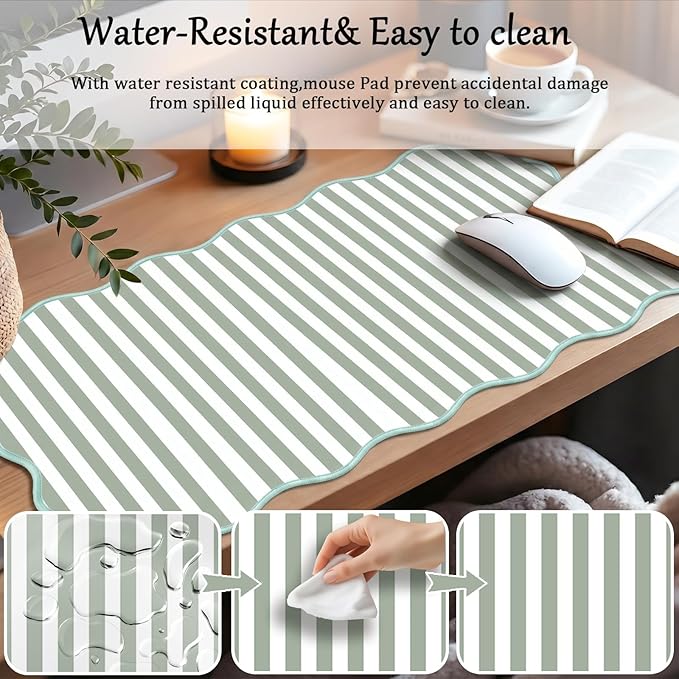 Scalloped Desk Mat Extended Large Cute Striped Mouse Pad Big Desk Pad XXL Aesthetic Stripe Mousepad Gaming Mouse Pad for Keyboard Computer Laptop Home Office Accessories 31.5X15.7Inches Sage Green