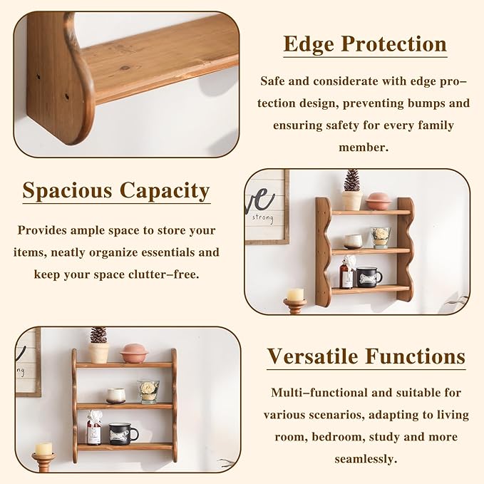 100% Solid Wood Wall Shelf 3-Tier, Rustic Floating Shelves Wall Mounted Storage Rack, Farmhouse Decor Hanging Shelf Display Shelves for Apartment, Living Room and Bedroom