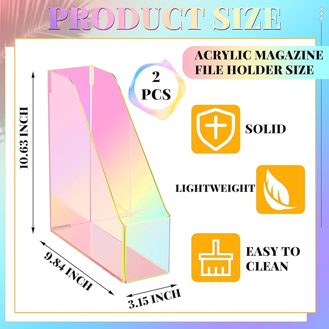 Engrowtic 2 Pcs Iridescent Vertical Magazine File Holder Acrylic Magazine Holder Storage Organizer Plastic Clear Acrylic Rack for Office Classroom Home Document Paper Book Collection