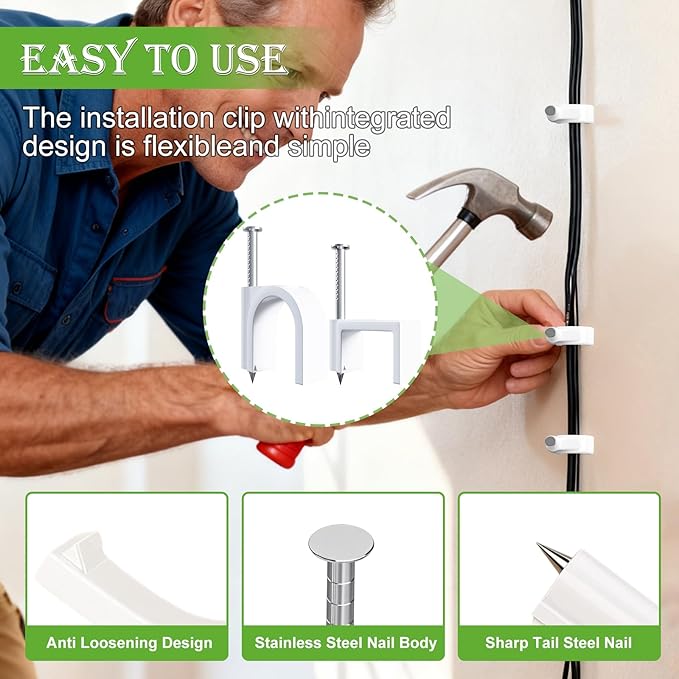 mxuteuk 630PCS Cable Clips with Steel Nails,4/5/6/8/10mm Round and 5/6mm Square White Cable Wire Clips,Wall Clips for Cords,Cable Cord Clips for RG6 RG59 CAT6 RJ45
