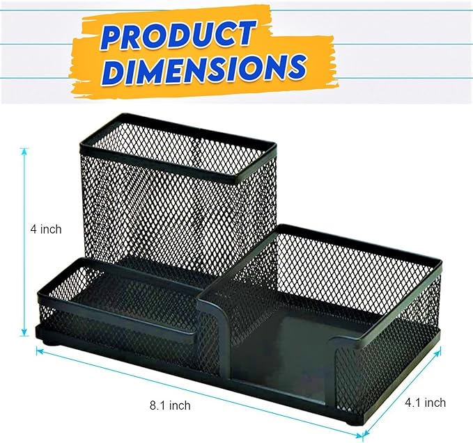 2 Pack 3 in 1 Mesh Pen Holder for Desk, 3 Compartments Pencil Holder Desk Organizer Caddy with Sticky Notes Holder Easy Storage Suitable for Home, Office and School