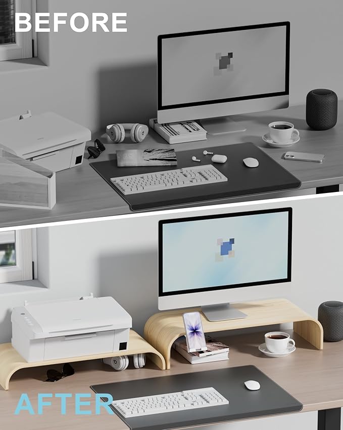 Wood Dual Monitor Stand Riser, 2-Tier Computer Monitor Riser with Phone Holder, Desktop Organizer Shelf for 2 Monitors, Laptop & Printer, No Assembly, Max Load 110lbs, One-Piece Curved Design