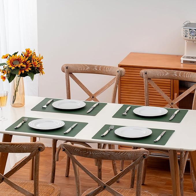 Placemats Set of 4 Reversible Dual-Color Table Placemats, Faux Leather 100% Waterproof Oil-Proof Wipeable Place Mats, Heat Resistant Dual Sided Table Mats for Kitchen/Dining/Party (Green&Gray