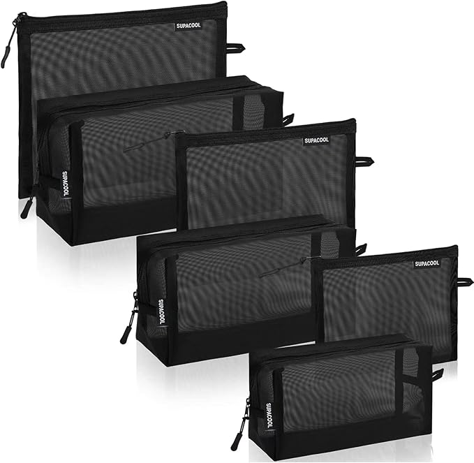 SUPACOOL Set of 6 Travel Mesh Makeup Bag, Cosmetic Organizer Pouches with Zipper, Diaper Organizing Pouches, Nylon Toiletries Bag for Women and Men(6pcs, Black)