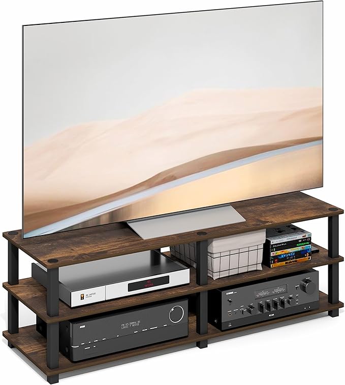 Furinno Turn-S-Tube Toolless Assembly 3-Tier TV Stand, Entertainment Center for TV up to 46 Inch, Wide Printer Stand with Storage Shelf, for Living Room, Bedroom, Amber Pine