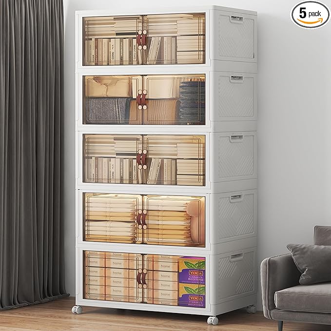 UAMFURI Stackable Storage Bins with Lids, 600QT Closet Organizers, Lockable Storage Cabinet，Foldable Storage Box with Doors and Wheels, Plastic Drawers for Home, Garage, Office (5, White, Large)
