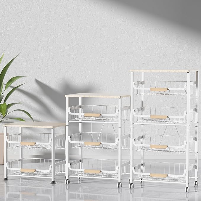 JAQ Vegetable Storage Cart with Wheels, 5-Tier Rolling Cart with Slide-Out Baskets for Onion Potato Storage, Metal Produce Rack Organizer with Wooden Top & Handle for Kitchen Pantry, White