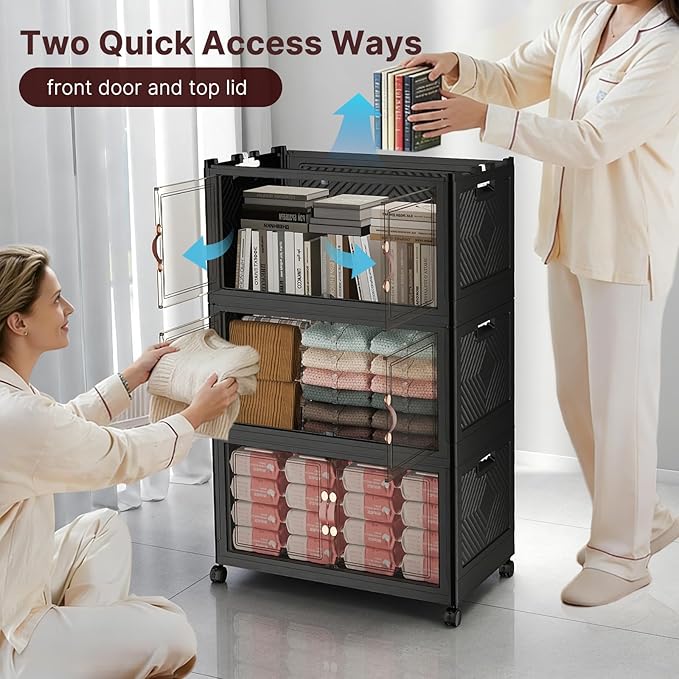 UAMFURI Stackable Storage Bins with Lids, 960QT Closet Organizers, Lockable Storage Cabinet，Foldable Storage Box with Doors and Wheels, Plastic Drawers for Home, Garage, Office (8, Black, Large)