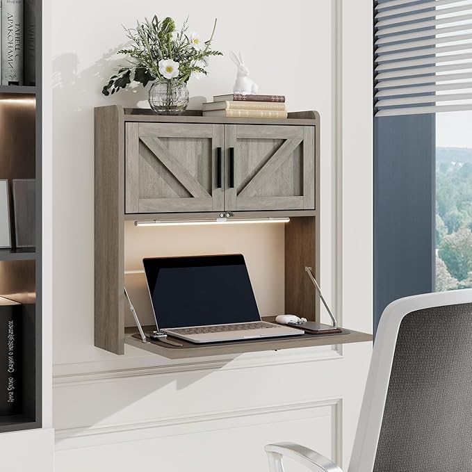 ARTETHYS Wall Mounted Desk with LED Light Farmhouse Multifunctional Fold Down Laptop Computer Table Writing Workstation with Storage Compartments Space Saving for Home Office, Gray
