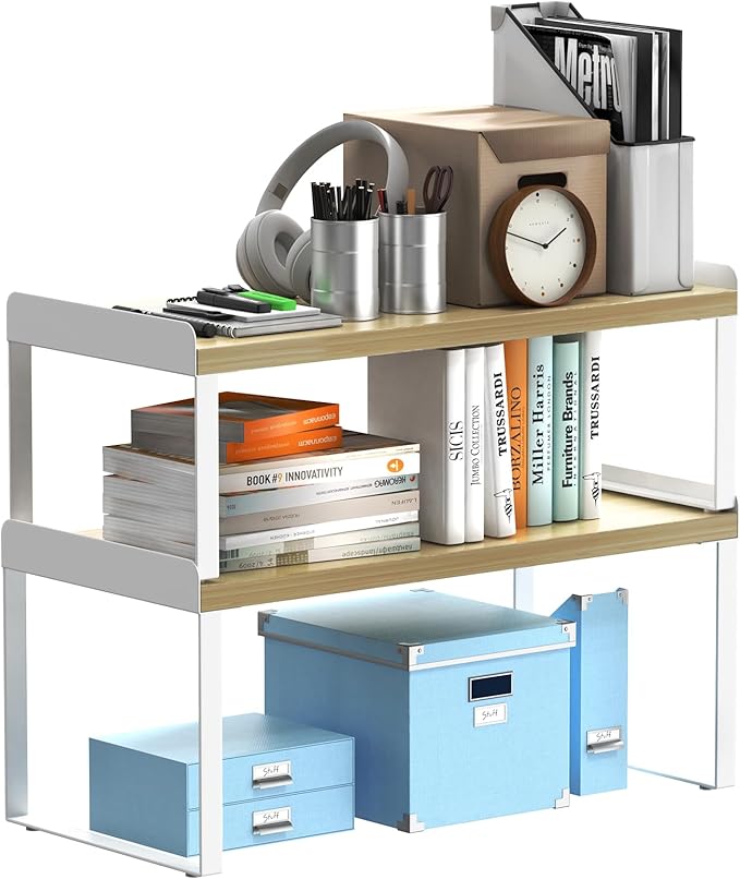 2 Sets Desk Shelves for Top of Desk, 2 Tier Independent Stackable Desktop Shelves, Desktop Organizer Shelf, Adjustable Bookshelf,Metal and Engineered Wood, (White+mapple)