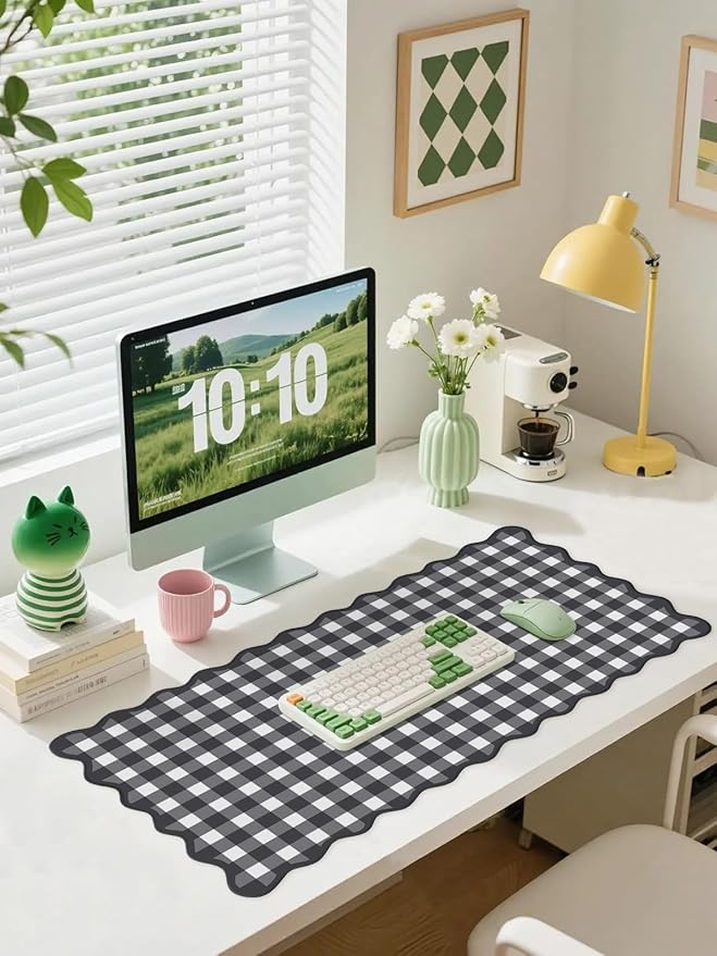 Scalloped‌ Black Desk Mat Checkered Gingham Cute XXL Large Gaming Mouse Pad Kawaii Vintage‌ Cottagecore Keyboard Computer Mat for Desktop Aesthetic Desk Pad Accessories Decor for Women