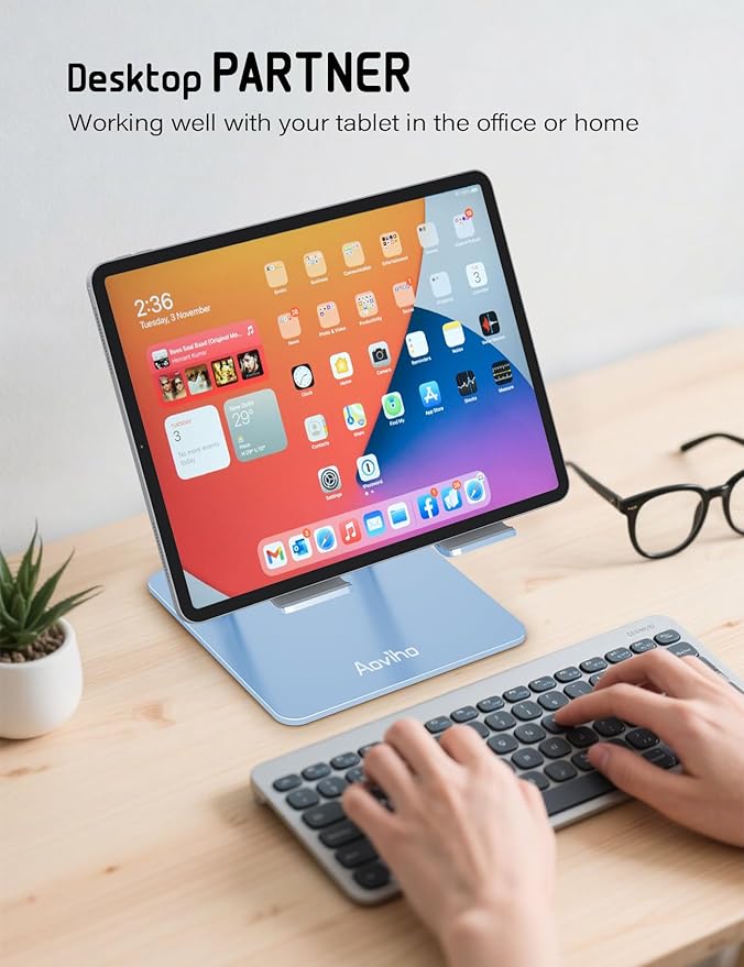 Aoviho Tablet Stand Holder for Desk, Adjustable Aluminum Desk Accessories, Stable Desktop Stand for Office Home,Compatible with iPad Pro Air Mini, Samsung Tablets,Sky Blue