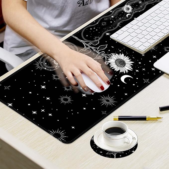 Ergonomic Mouse Pad Set with Wrist Support for Keyboard and Wrist Rest for Mouse, Memory Foam Comfort, Non-Slip Large Desk Mat for Home Office Pain Relief,Black and White Sunflower