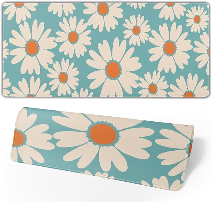 Blue Daisy Floral Mouse Pad XXL Large Gaming Mouse Pad 35.4"X15.7" Cute Daisy Flowers Desk Mat for Desktop Waterproof Non-Slip Rubber Base with Stitched Edges Full Desk Mousepad for Home & Office