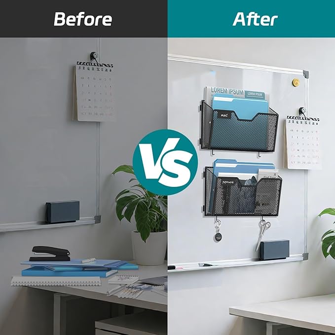 3 Pack Magnetic File Holder Wall File Organizer with Label Panel and 2 Hooks Magnetic Paper Mail Holder for File Office, Cabinets and Whiteboard, Black