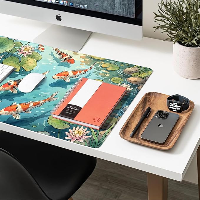 Cute Desk Mat, Koi Fish Large Mouse Pad for Desktop, PU Leather Waterproof Desk Pad, Anti-Slip Computer PC Laptop Protector Gaming Mouse Pads for Office Home Decorations (23.6" x 11.8")