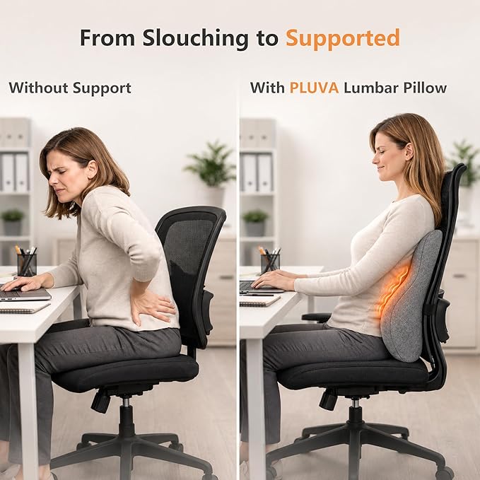 Lumbar Support Pillow with Heat and Vibration Massage for Lower Back Pain Relief & Comfort, Ergonomic Memory Foam Back Cushion with Adjustable Strap for Office Chair, Car Seat and Sofa, Grey
