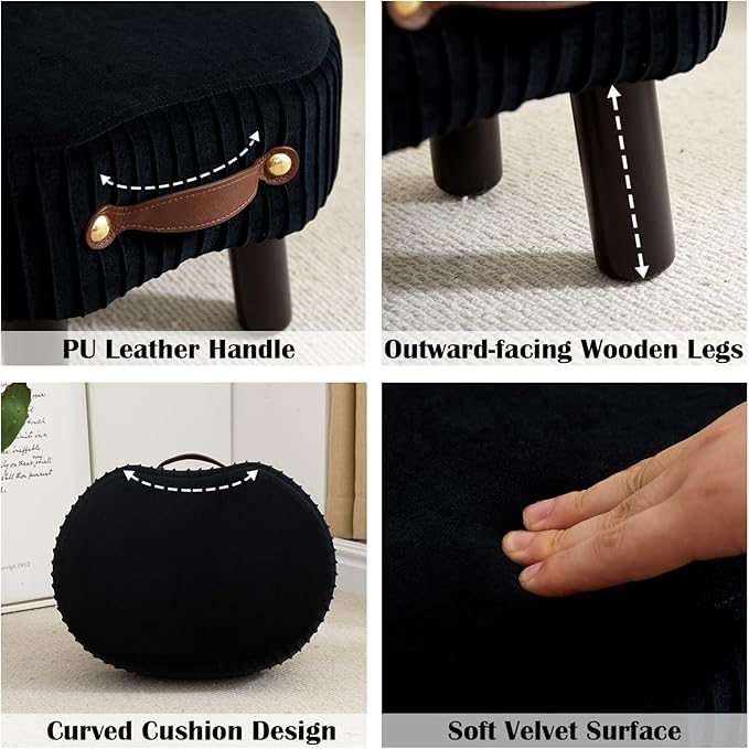Small Ottoman Foot Rest,Foot Stool with Handle, Velvet Footstool Ottoman with Padded Seat, Curved Foot Rest Stool with Wooden Legs for Living Room, Entryway, Black