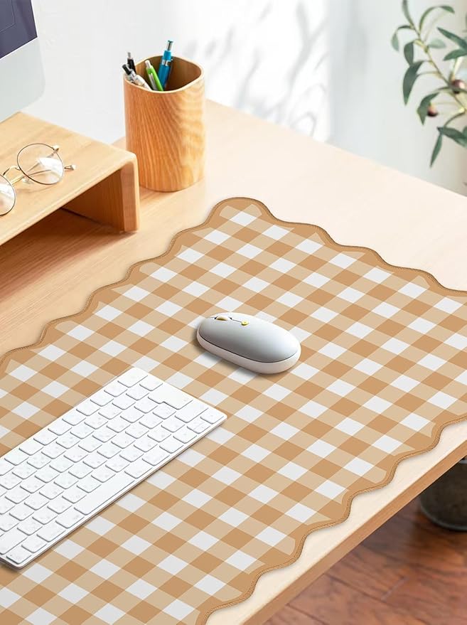 Scalloped‌ Orange Checkered Gingham Desk Mat Cute Pastel Large Mouse Pad Kawaii Cottagecore ‌Vintage‌ Rustic Keyboard Pad Computer Mat for Desktop Aesthetic Cozy Office Desk Decor