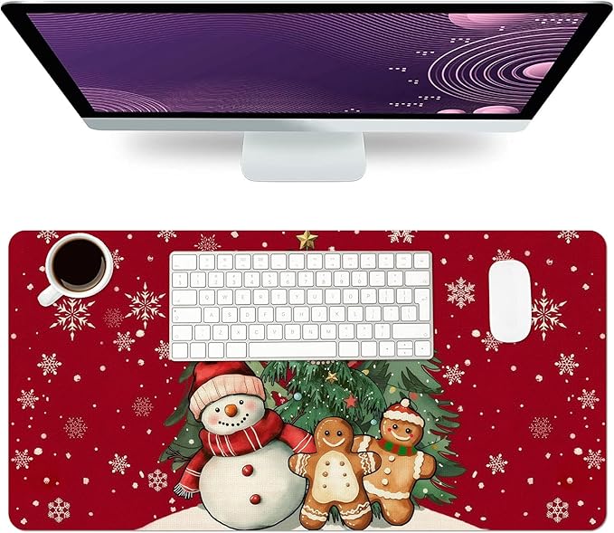 Christmas Mouse Pad PU Leather Christmas Tree Desk Mat Large Waterproof Gaming Pad Gingerbread Man Non-Slip Keyboard Mouse Pad for Gamer Office&Home