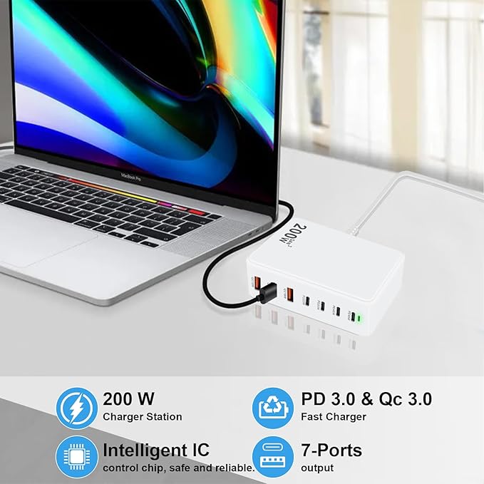 USB C Charger Station 200W 7 Port GaN Fast Charging Block, Multiport PD QC3.0 Brick Hub Compatible with Laptop MacBook Pro/Air, iPad, iPhone 17/16/15, Galaxy S23/22, DELL, Steam Deck(White)