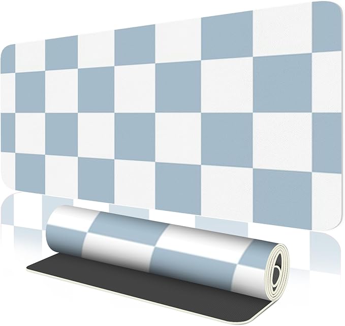 Large Checkered Desk Mat 35.4" x 15.7", PU Leather Desk Pad Protector, Large Mouse Pad for Desk, Non-Slip Blue Desk Mat, Waterproof Writing Pad for Office and Home