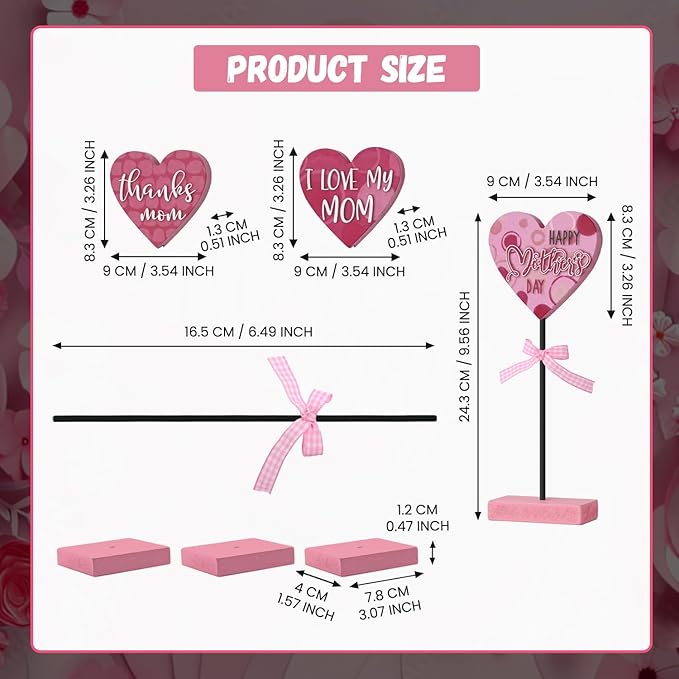 Smile Mother's day Heart - Shaped Mom Wooden Table Decor Set with Pink Bases & Ribbon Accents, Mother's day Indoor Decoration