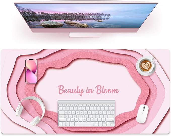 Dual-Sided PU Leather Desk Mat Blotter for Office, Home, Computer, Keyboard, Mouse, 15.7"x31.5" Large Non-Slip Writing Mat with Travel Storage Strap, Waterproof Easy to Clean (Pink Minimalist)