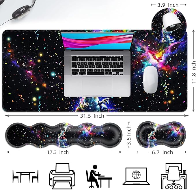 Ergonomic Mouse Pad Set with Wrist Support for Keyboard and Wrist Rest for Mouse, Memory Foam Comfort, Non-Slip Large Desk Mat for Home Office Pain Relief,Colorful Dinosaur