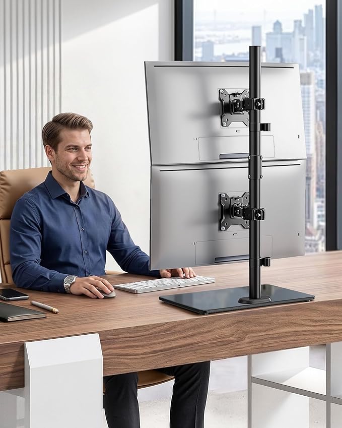 monTEK Vertical Dual Monitor Stand with Sleek Glass Base for 17-32 inch Screens, Free-Standing Dual Monitor Mount Holds 22 lbs per Arm, Fully Motion Height Adjustable, VESA 75/100 MM