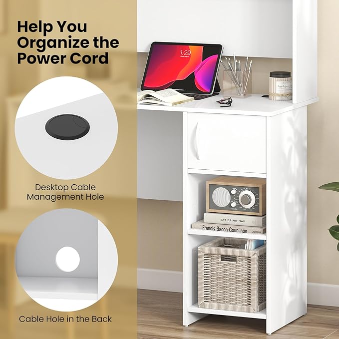 Giantex White Desk with Hutch, Small Computer Desk with Bookshelf & Adjustable Shelf, 2 Cable Holes, Modern Laptop PC Computer Workstation, Study Writing Desk for Small Spaces, Bedroom, Home Office