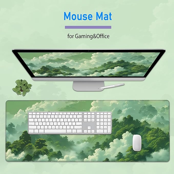 Green Forest Mouse Pad,Large Misty Mountain Nature Mousepad,Extended Gaming Gentle Aesthetic Office Desk Decor Mouse Mat with Non-Slip Base and Stitched Edge,31.5 x 12in
