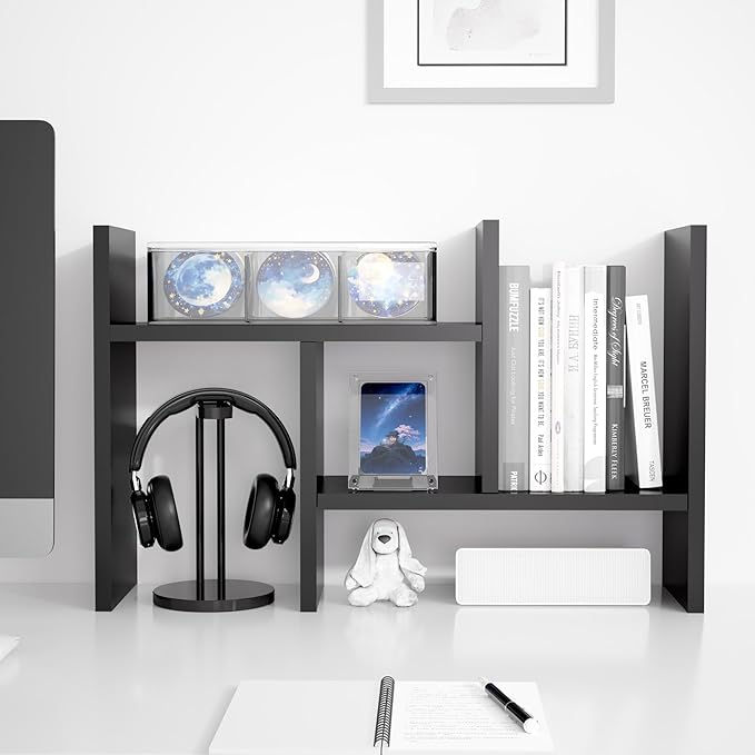 Jerry & Maggie Desktop Organizer Office Storage Rack Adjustable Wood Display Shelf Free Style Double H, Multi-Functional Mini Bookshelf for Desk Natural Stand (Black/2 Pack)