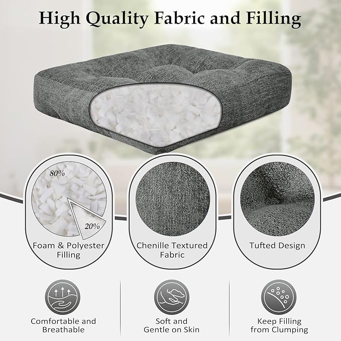 downluxe Chair Cushions for Dining Chairs 4 Pack, Tufted Indoor Chair Pads with Non-Slip Bottom, U-Shaped Kitchen Chair Cushions, 17"x17"x4", Dark Grey