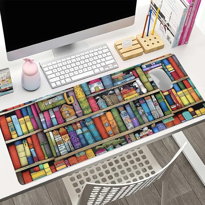 Book Lover's Desk Mat, Large PU Leather Desk Pad with Non-Slip Base, Literary Office Keyboard Mat Ideal Gift for Readers, Gaming & Home Work (23.6x11.8 Inch)