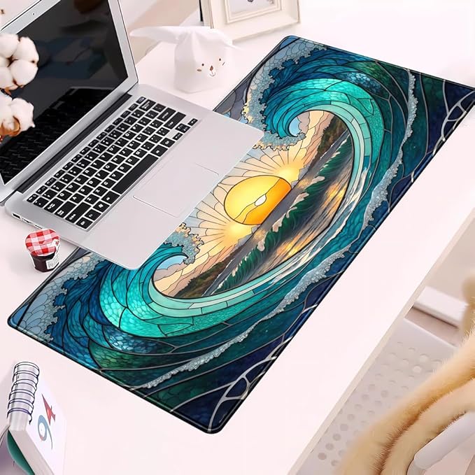 YKJWW Beach Sunset Desk Pad Cute Large Mouse Keyboard Desk Mat, Aesthetic Cute Gaming Desk Keyboard Mats for Desk Mat, Faux Stained Glass Sunset Mousepad Southwest Landscape Desk Pad 31.5x15.7 in