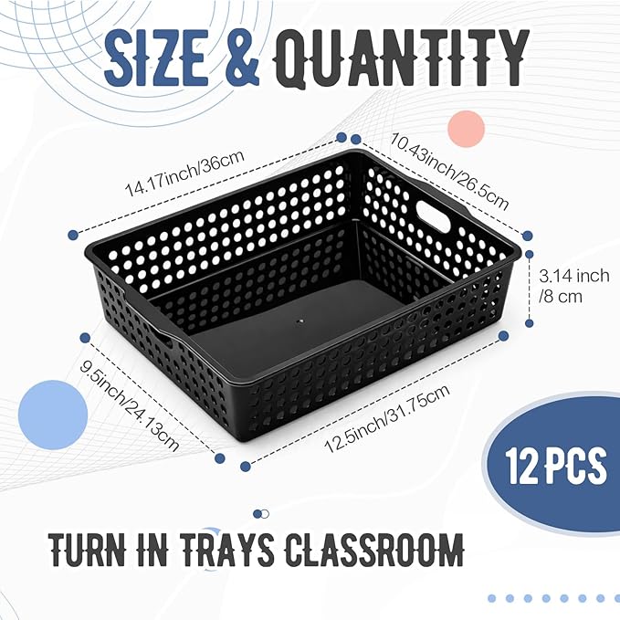 Geetery 12 Pack Classroom Storage Baskets with Handle 14''x10'' Paper Tray Holds A4 Turn in Trays Plastic Paper Baskets Desk Organizer Bin for Classroom, Library, Office, Home (Black)