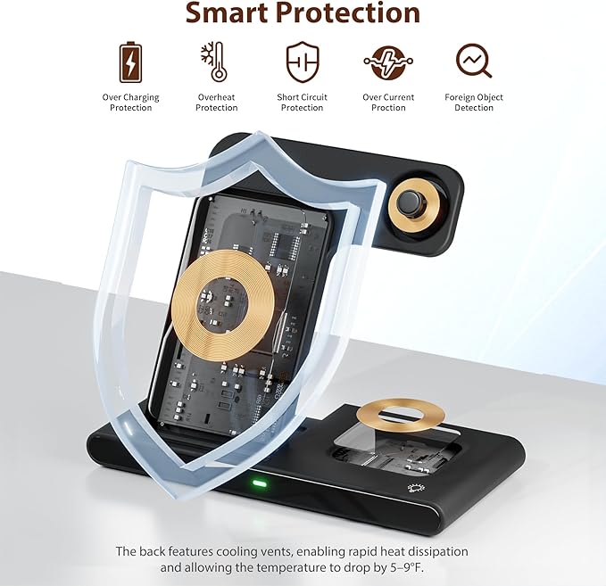 3 in 1 Qi Wireless Charger Dock, Foldable & Compact for iPhone 17-12 Series, Apple Watch & AirPods, Ideal for Desk Use (Black)