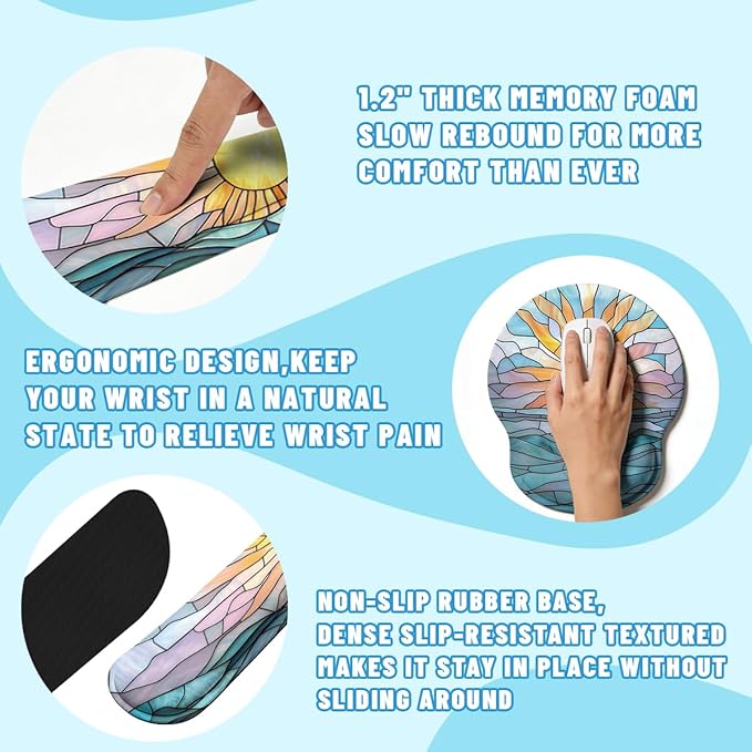 Boho Sun Desk Mat Set Stained Glass Sea Coastal Sunset Large Mouse Pad with Wrist Rest 4in1 Desk Mat for Desktop Ergonomic Computer Desk Arm Wrist Anti-Slip Computer Mouse Pad Home Office Gaming