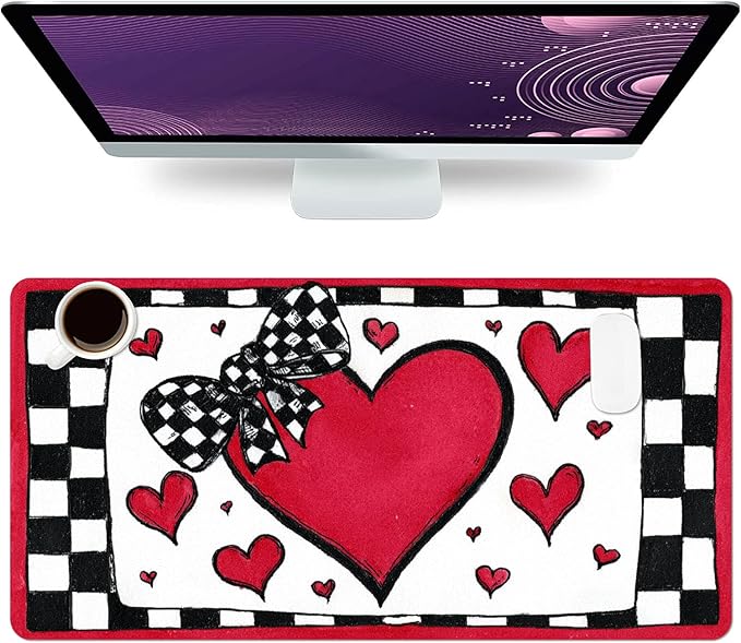 Peach Heart Mouse Pad PU Leather Bowknot Desk Mat Large Waterproof Gaming Pad Non-Slip Keyboard Mouse Pad Writing Pad for Gamer Office&Home